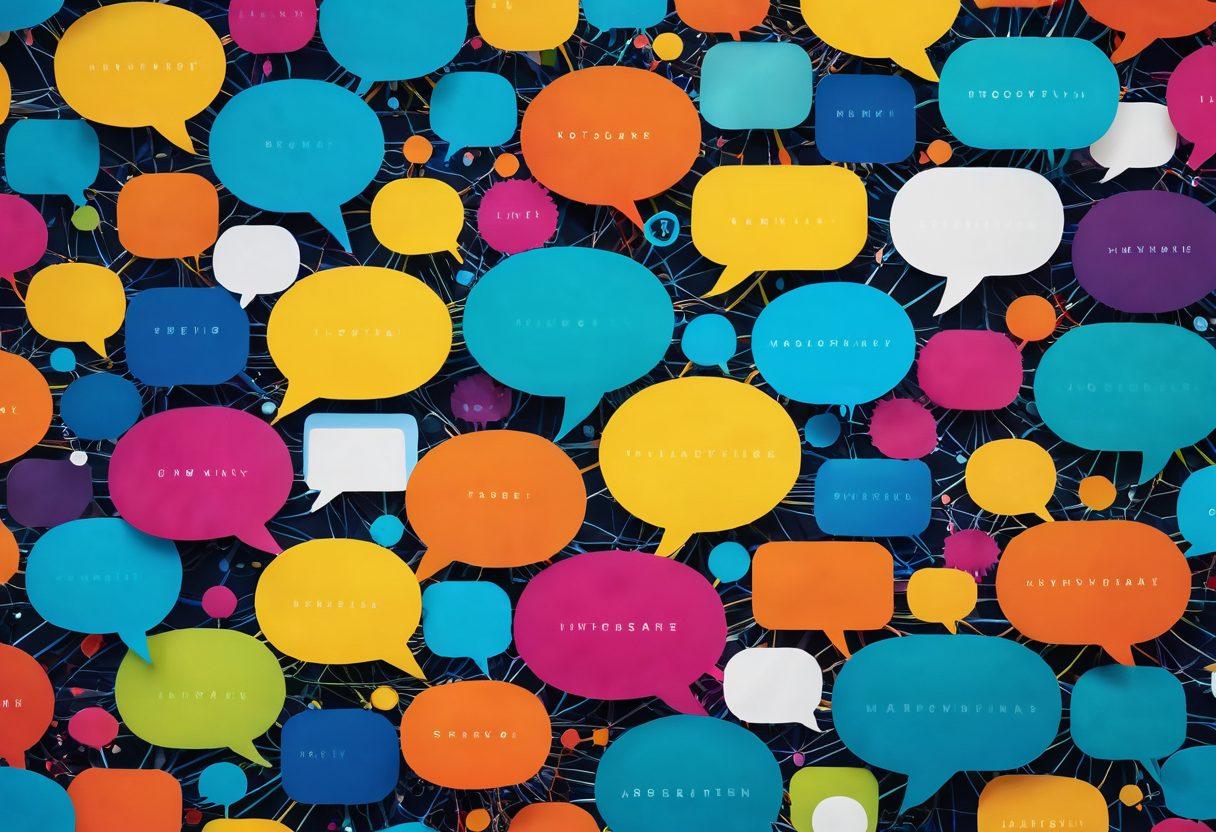 A vibrant digital landscape showcasing diverse bloggers connecting, sharing ideas, and collaborating online. Include an array of colorful speech bubbles representing engagement, along with interconnected nodes symbolizing a growing network. The background should feature a busy but harmonious atmosphere of creativity and technology. super-realistic. vibrant colors. 3D.