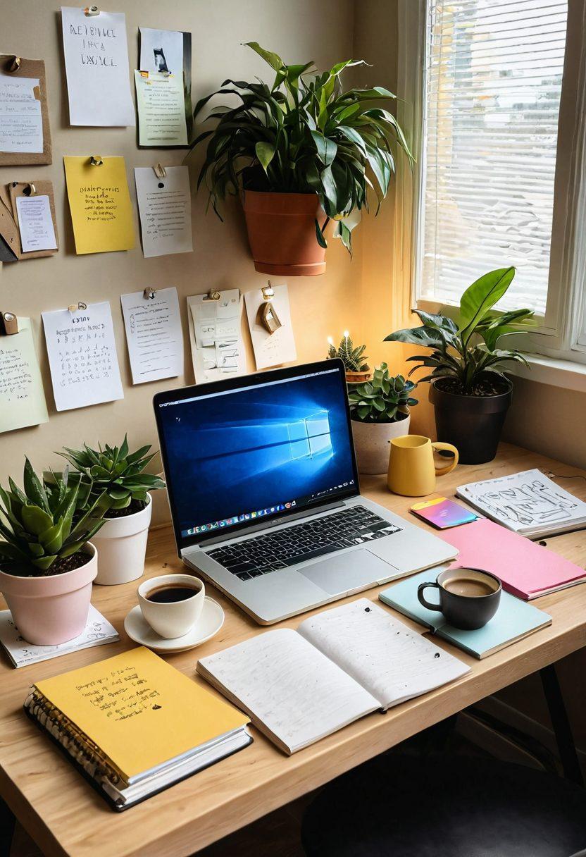 A serene workspace featuring a cozy desk with a laptop, an open notebook filled with colorful notes, and a steaming cup of coffee. Surrounding the desk are potted plants and soft, ambient lighting. The wall behind displays inspirational quotes and a mood board. This scene captures the essence of personal blogging and lifestyle curation. cozy aesthetic. super-realistic. vibrant colors.