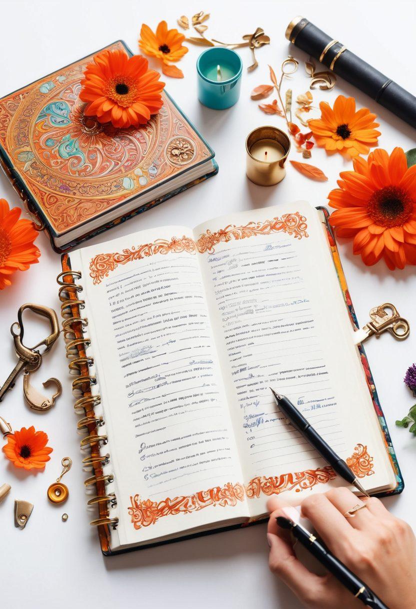 A key unlocking a large, ornate diary filled with vibrant, swirling pages that symbolize creativity and ideas. Surround the key with various blogging tools like a laptop, camera, and notepad, all glowing softly. Include a diverse group of bloggers in the background, engaged and sharing ideas enthusiastically. The color scheme should be bright and inviting, creating an atmosphere of inspiration and collaboration. super-realistic. vibrant colors. white background.